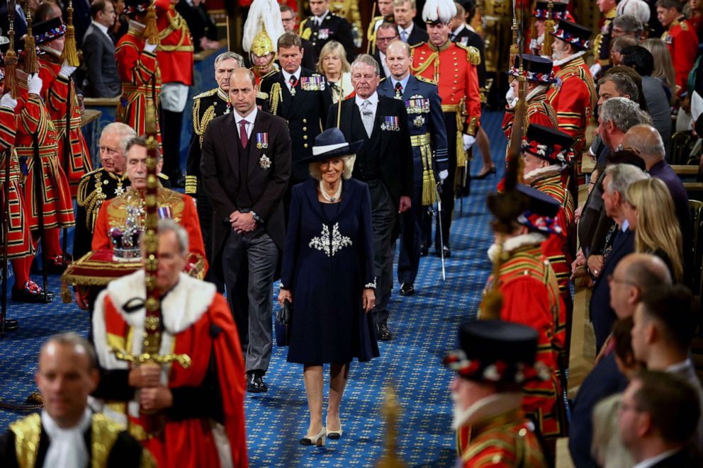 PHOTO: Prince Charles, Prince of Wales, the Imperial State Crown, Britain's Camilla, Duchess of Cornwall and Prince William, Duke of Cambridge during the State Opening of Parliament at the Houses of Parliament, in London, May 10, 2022.