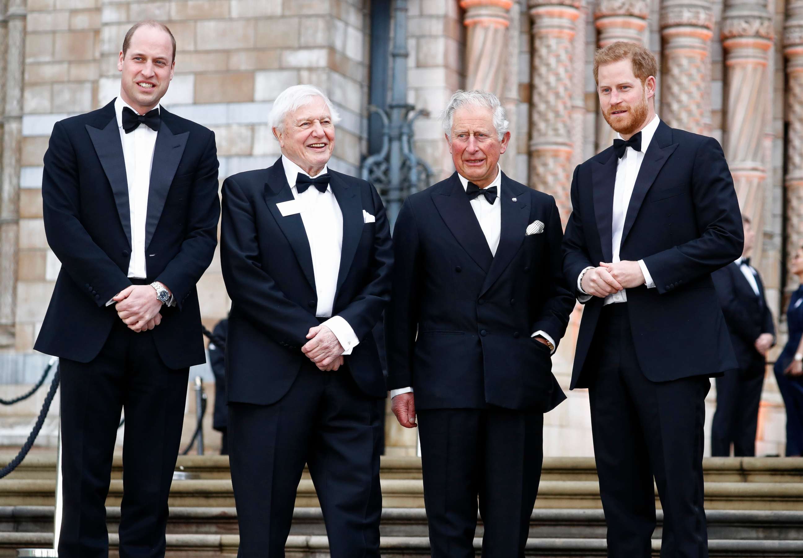 PHOTO: Prince William, Sir David Attenborough, Prince Charles, and Prince Harry attend the "Our Planet" global premiere the at the Natural History Museum, April 4, 2019 in London. 