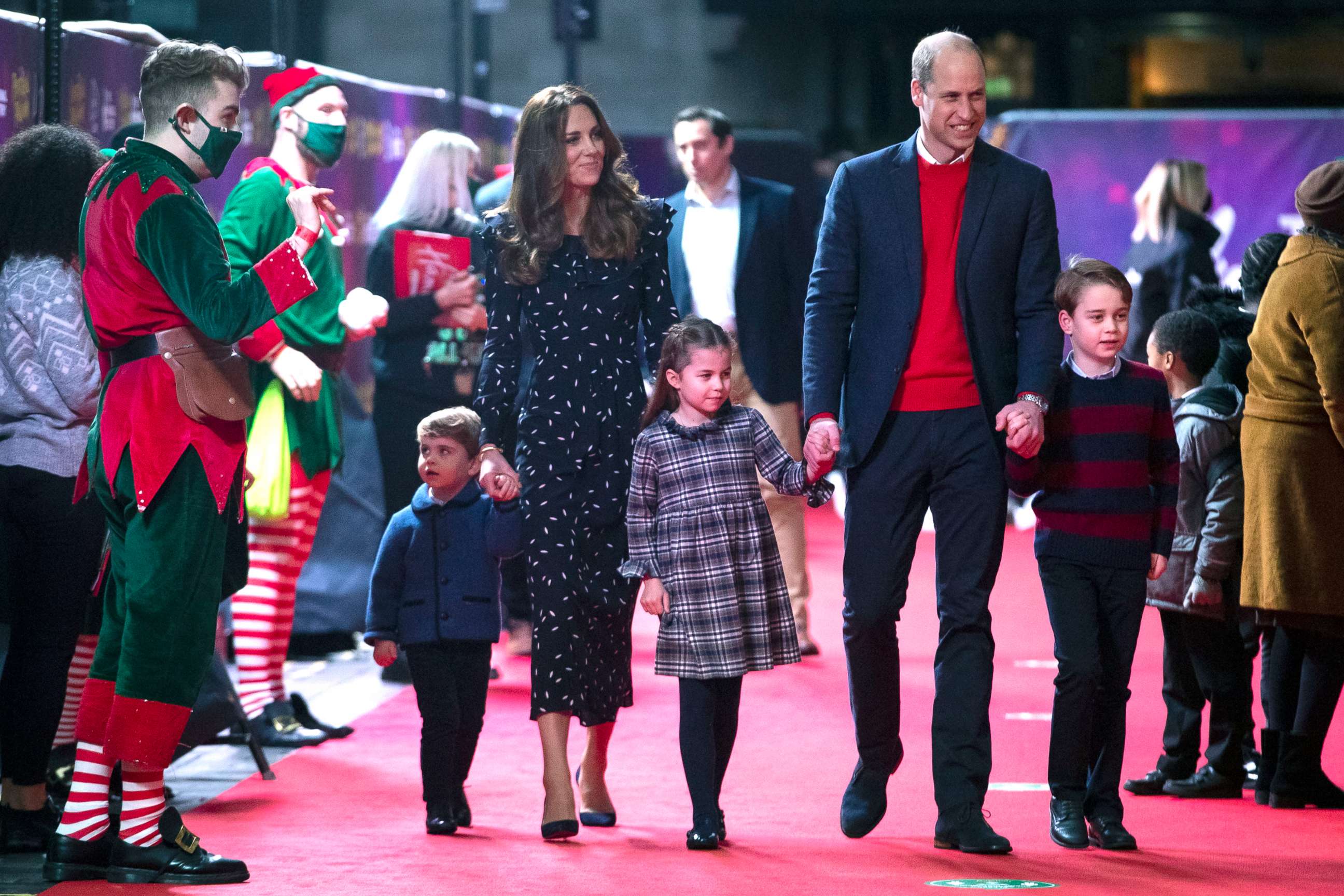 PHOTO: Prince William, Duke of Cambridge and Catherine, Duchess of Cambridge with their children, Prince Louis, Princess Charlotte and Prince George, attend a special pantomime performance at London's Palladium Theatre, Dec. 11, 2020, in London.
