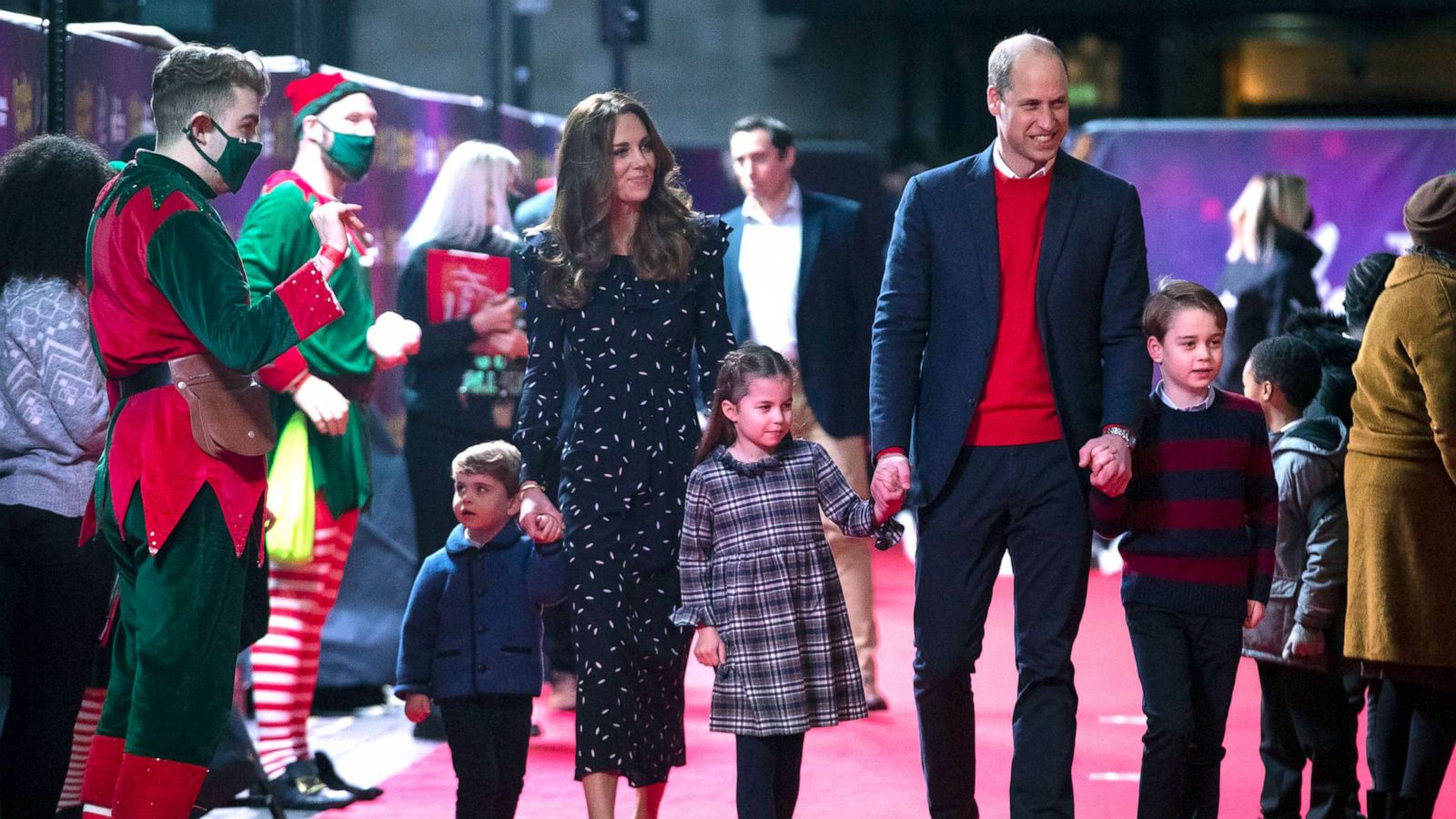 PHOTO: Prince William, Duke of Cambridge and Catherine, Duchess of Cambridge with their children, Prince Louis, Princess Charlotte and Prince George, attend a special pantomime performance at London's Palladium Theatre, Dec. 11, 2020, in London.