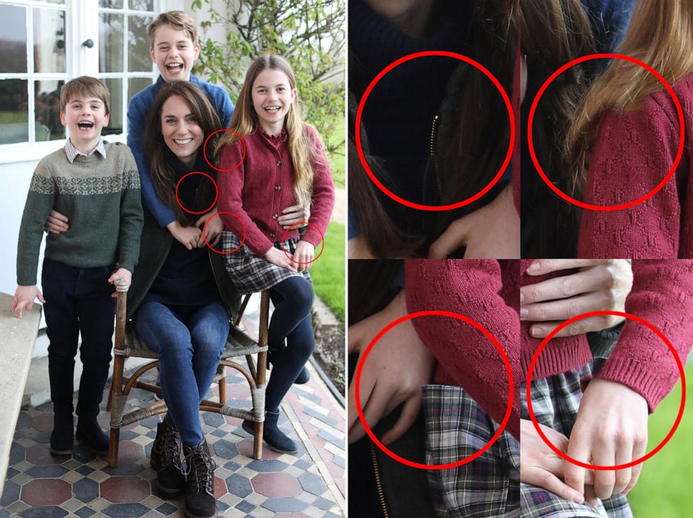 PHOTO: A combination of pictures made on March 11, 2024 shows a handout photo released by Kensington Palace on March 10, 2024 of Britain's Catherine, Princess of Wales with her children, alongside a version highlighting several inconsistencies.
