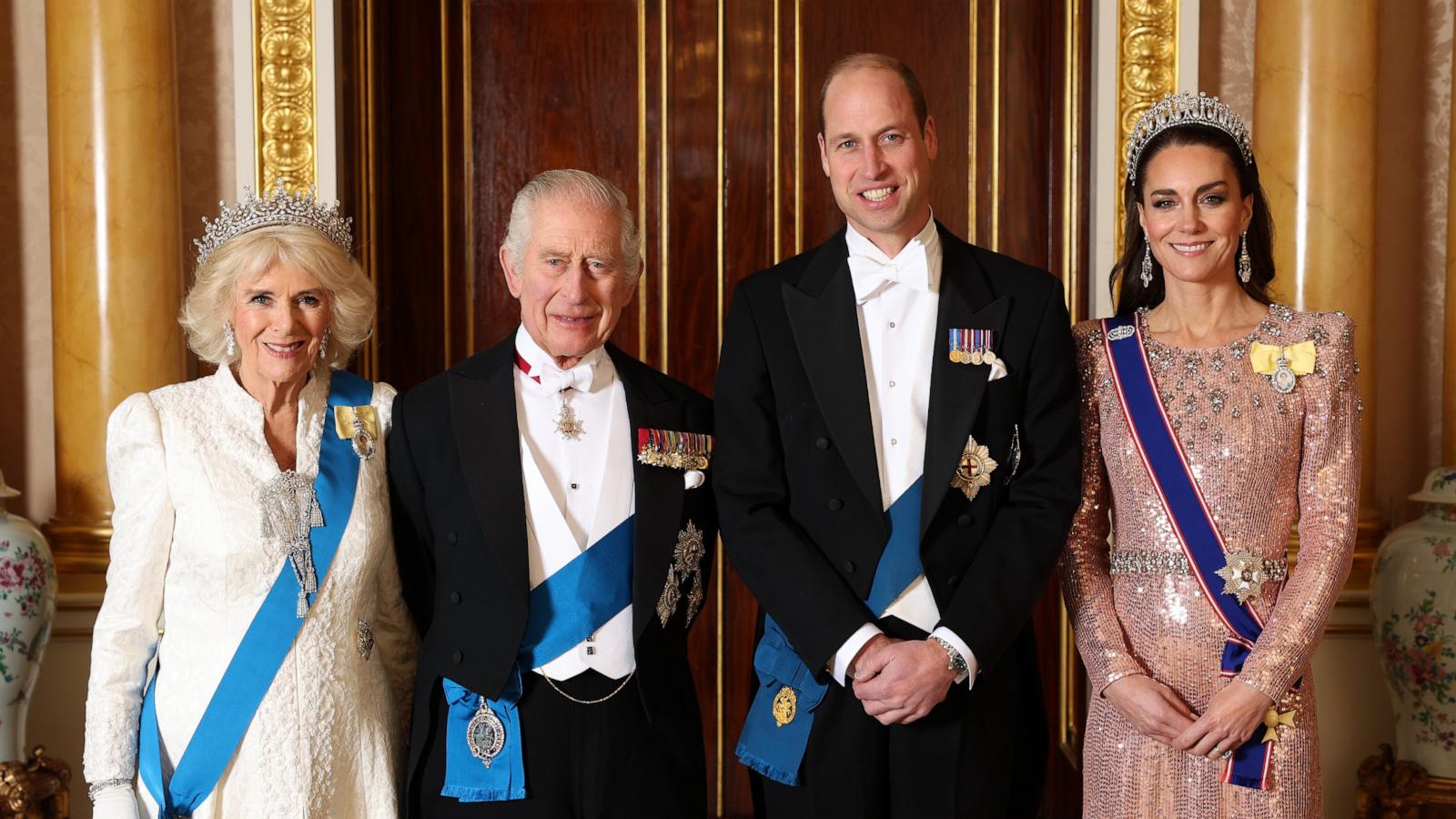 PHOTO: Queen Camilla, King Charles III, Prince William, Prince of Wales and Catherine, Princess of Wales pose for a photograph ahead of The Diplomatic Reception in the 1844 Room at Buckingham Palace, Dec. 5, 2023, in London.