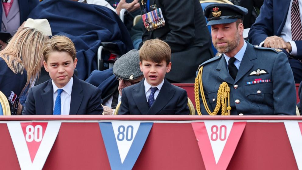PHOTO: Prince George of Wales, Prince Louis of Wales and Prince William, Prince of Wales during the military procession to mark the 80th anniversary of VE Day, May 5, 2025 in London.