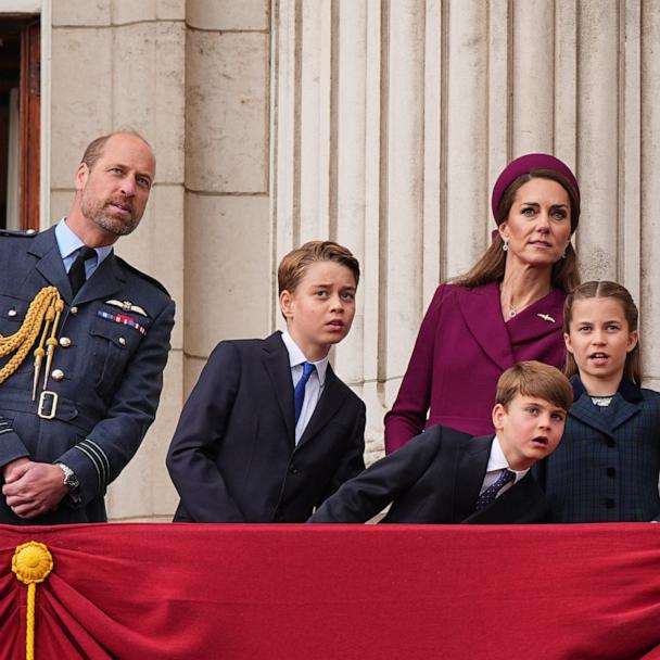 Prince William, Prince George, Prince Louis, the Princess of Wales, and Princess Charlotte on the balcony of Buckingham Palace during events marking the 80th anniversary of VE Day, May 5, 2025, in London.
