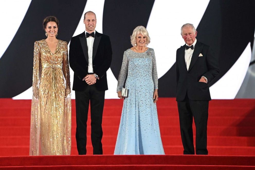 Catherine, Duchess of Cambridge; Prince William, Duke of Cambridge; Camilla, Duchess of Cornwall; and Charles, Prince of Wales arrive for the world premiere of the new James Bond film 'No Time To Die' at the Royal Albert Hall in London Sept. 28, 2021.