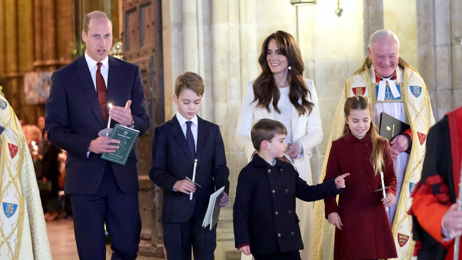 PHOTO: Catherine, Princess of Wales, Prince Louis of Wales, Princess Charlotte of Wales, Prince William, Prince of Wales and Prince George of Wales process out of The "Together At Christmas" Carol Service at Westminster Abbey, Dec. 8, 2023, in London.