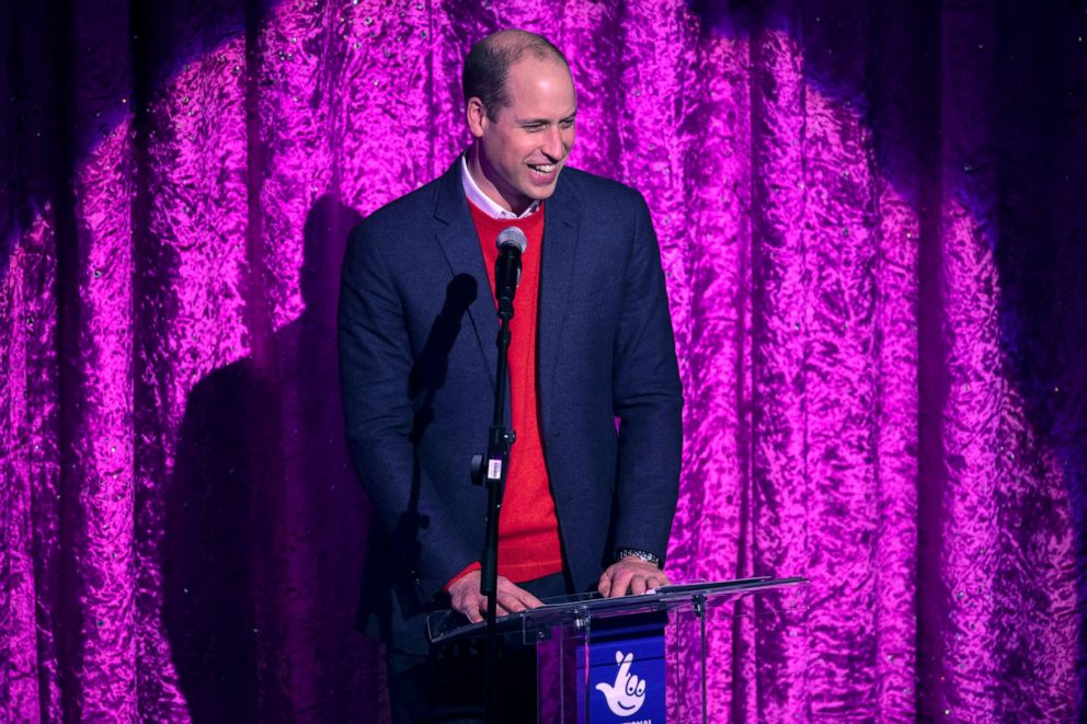 PHOTO: Prince William, Duke of Cambridge gives a speech on stage as he attends a special pantomime performance at London's Palladium Theatre, Dec. 11, 2020, in London.