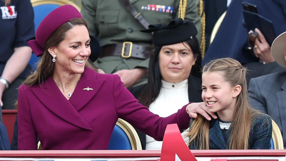 PHOTO: Catherine, Princess of Wales and Princess Charlotte of Wales during the military procession to mark the 80th anniversary of VE Day, May 5, 2025 in London.
