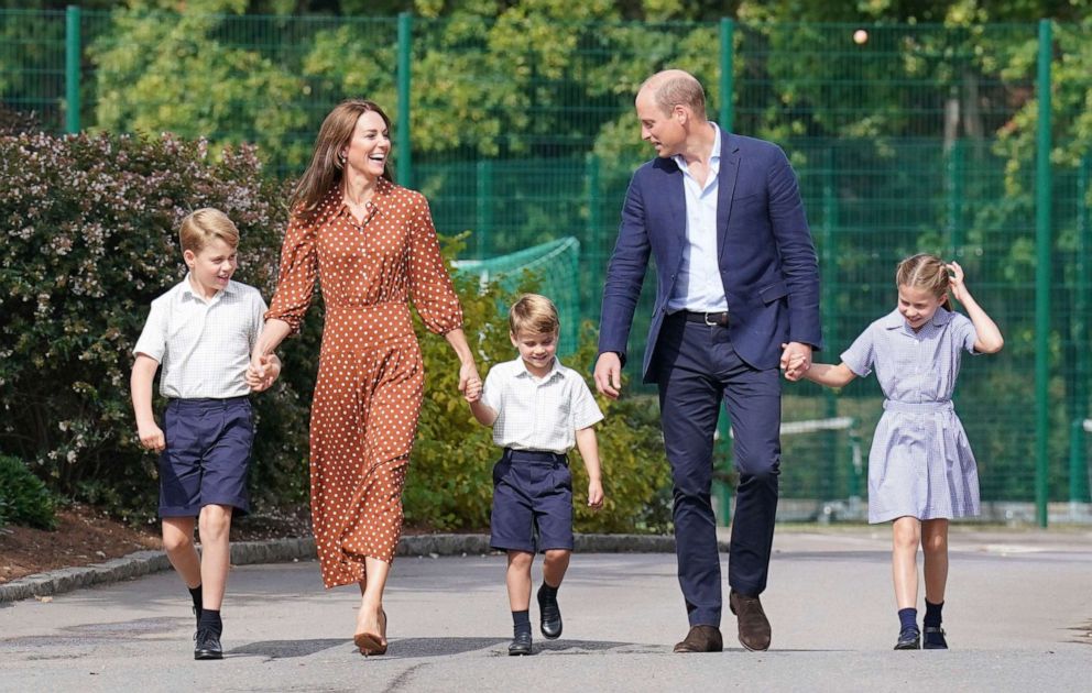 PICTURED: From left, Britain's Prince George, Duchess Kate of Cambridge, Prince Louis, Prince William and Princess Charlotte arrive for an afternoon check-in at Lambbrook School, near Ascot, in England, September 7, 2022. 