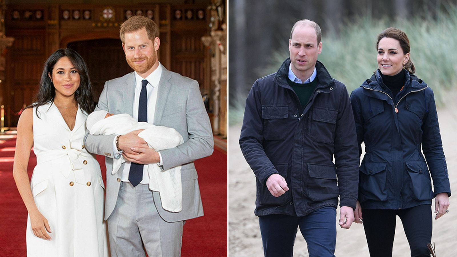 PHOTO: Prince Harry and Meghan, Duchess of Sussex, during a photocall with their newborn son, in St George's Hall at Windsor Castle in England, May 8, 2019. Prince William and Catherine, Duchess of Cambridge, walk along Newborough Beach in north Wales.