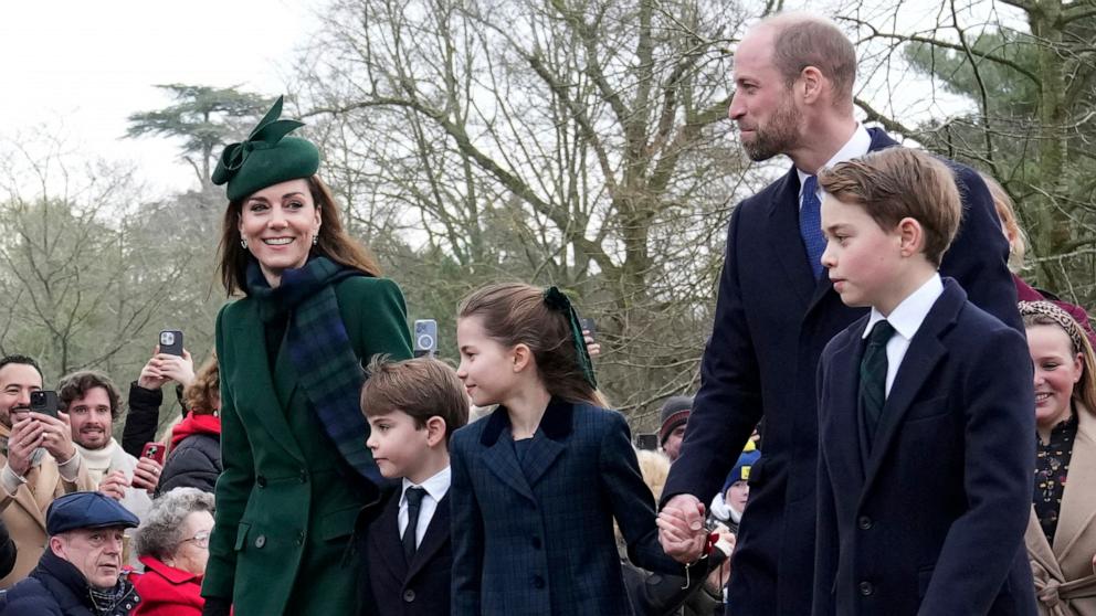 PHOTO: Kate, Princess of Wales, left with Prince Louis, Princess Charlotte, Prince William and Prince George arrive for the Christmas day service at St Mary Magdalene Church in Sandringham in Norfolk, England, Dec. 25, 2024.