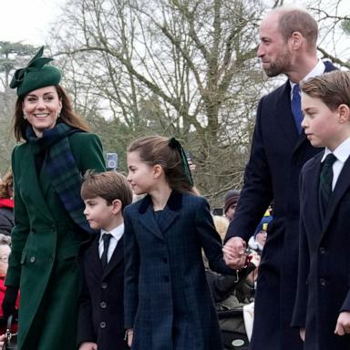 PHOTO: Kate, Princess of Wales, left with Prince Louis, Princess Charlotte, Prince William and Prince George arrive for the Christmas day service at St Mary Magdalene Church in Sandringham in Norfolk, England, Dec. 25, 2024.