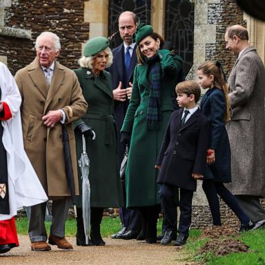 PHOTO: Britain's King Charles speaks with Reverend Canon Dr Paul Williams, as Queen Camilla, Catherine, Princess of Wales, William, Prince of Wales, Prince Louis and Princess Charlotte leave St. Mary Magdalene's church, in eastern England, Dec. 25, 2024. 