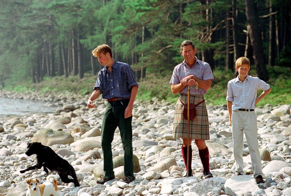 PHOTO: Prince William, Prince Charles and Prince Harry at Polvier, by The River Dee, Balmoral Castle Estate, Aug. 10, 1997.