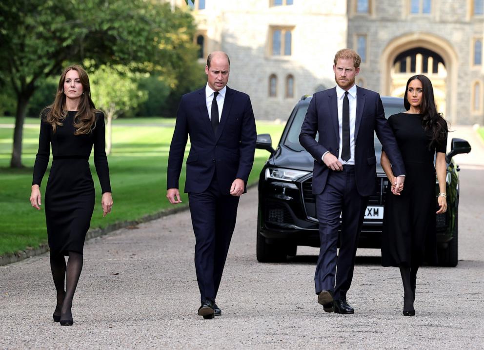 PHOTO: Catherine, Princess of Wales, Prince William, Prince of Wales, Prince Harry, Duke of Sussex, and Meghan, Duchess of Sussex on the long Walk at Windsor Castle on Sept. 10, 2022 in Windsor, England.