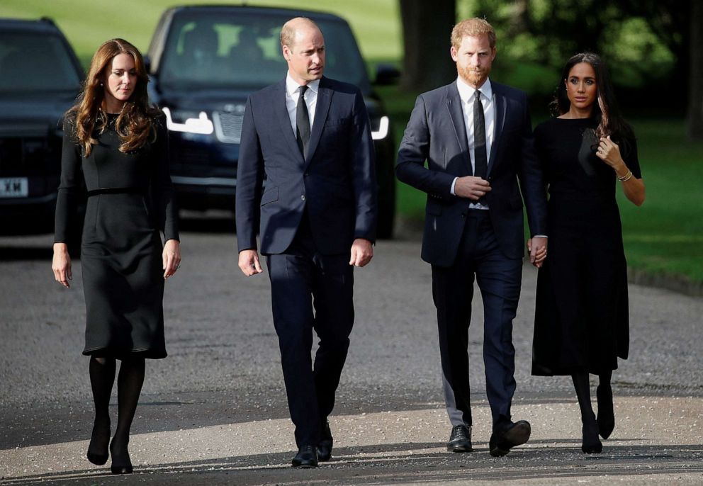 PHOTO: In this Sept. 10, 2022 file photo William, Prince of Wales, Catherine, Princess of Wales, Prince Harry and Meghan, the Duchess of Sussex walk outside Windsor Castle, following the passing of Britain's Queen Elizabeth, in Windsor, Britain.