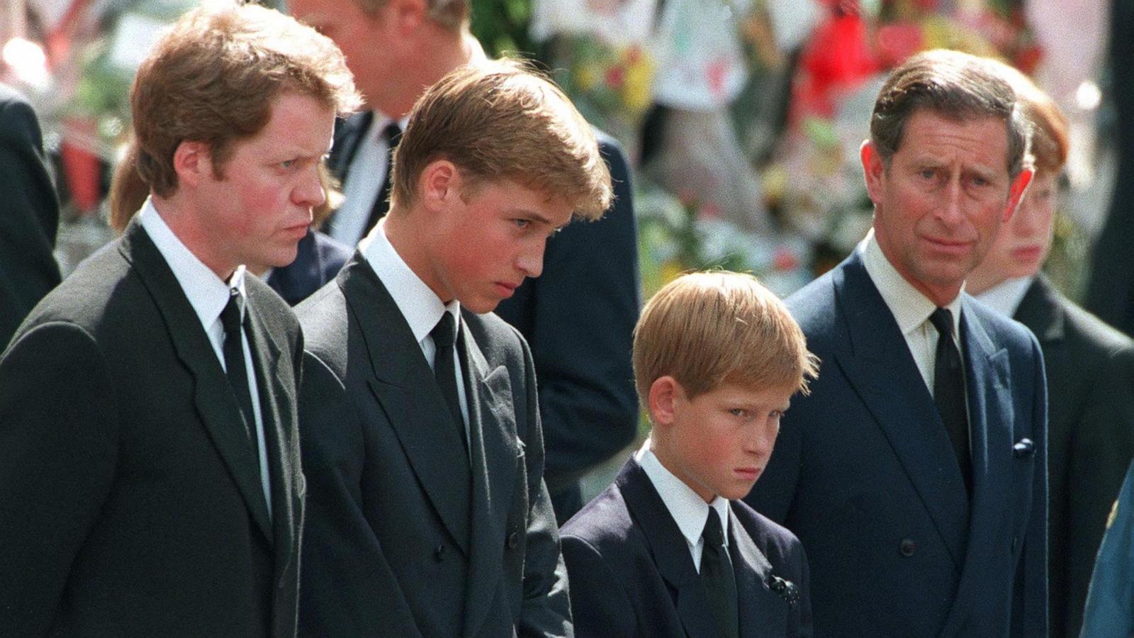 Princess Diana's sons Princes William and Harry with their father Prince Charles and uncle Earl Spencer outside Westminster Abbey on the day of their mother's funeral service, 6th September 1997.
