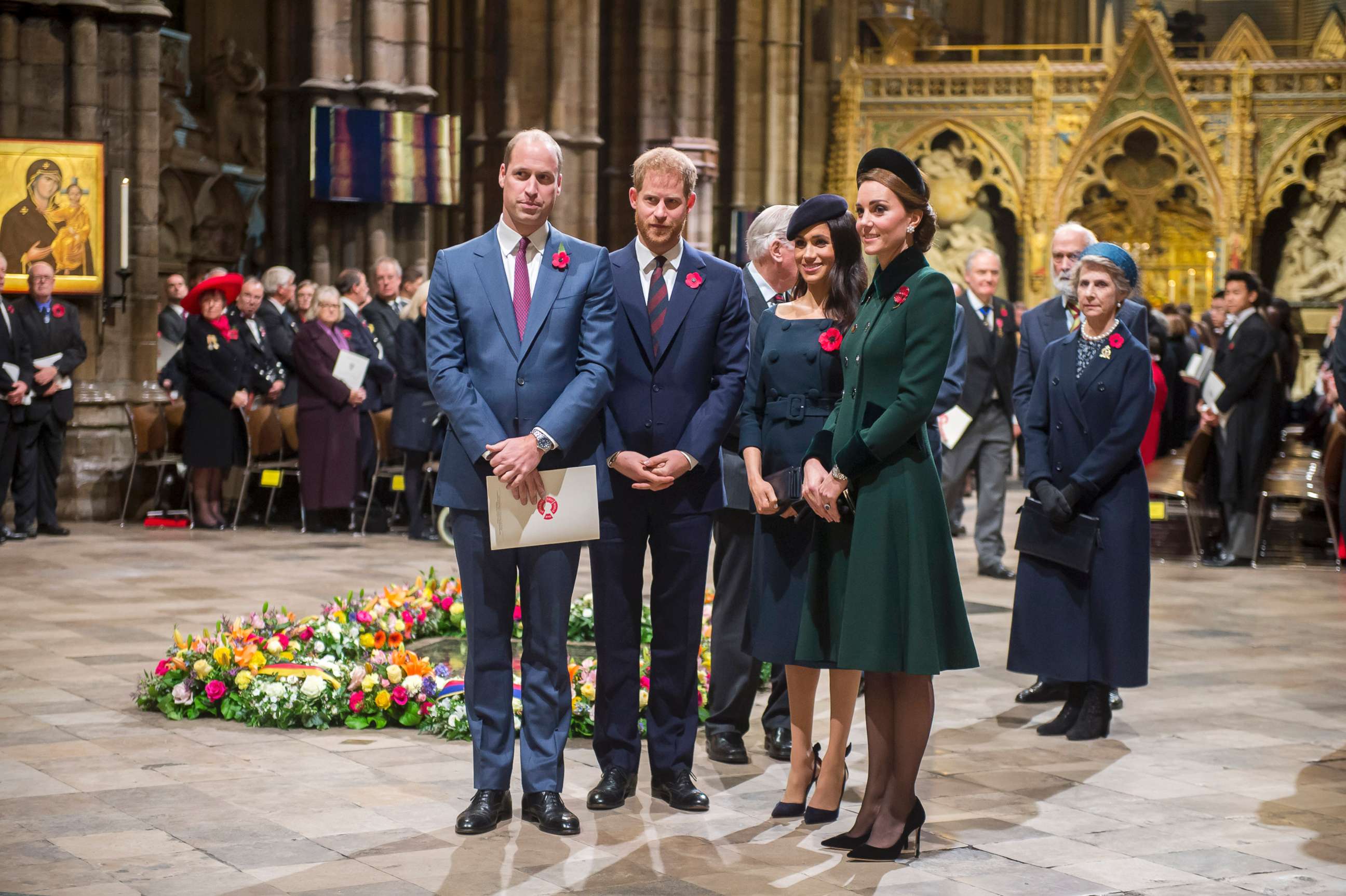 PHOTO: From left, Britain's Prince William, Prince Harry, Meghan, Duchess of Sussex and Catherine, Duchess of Cambridge arrive at Westminster Abbey to attend a service to mark the centenary of the Armistice in central London on Nov. 11, 2018.