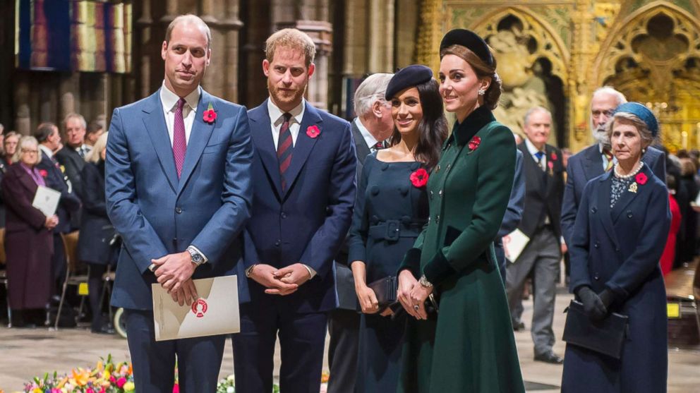 PHOTO: From left, Britain's Prince William, Prince Harry, Meghan, Duchess of Sussex and Catherine, Duchess of Cambridge arrive at Westminster Abbey to attend a service to mark the centenary of the Armistice in central London on Nov. 11, 2018.