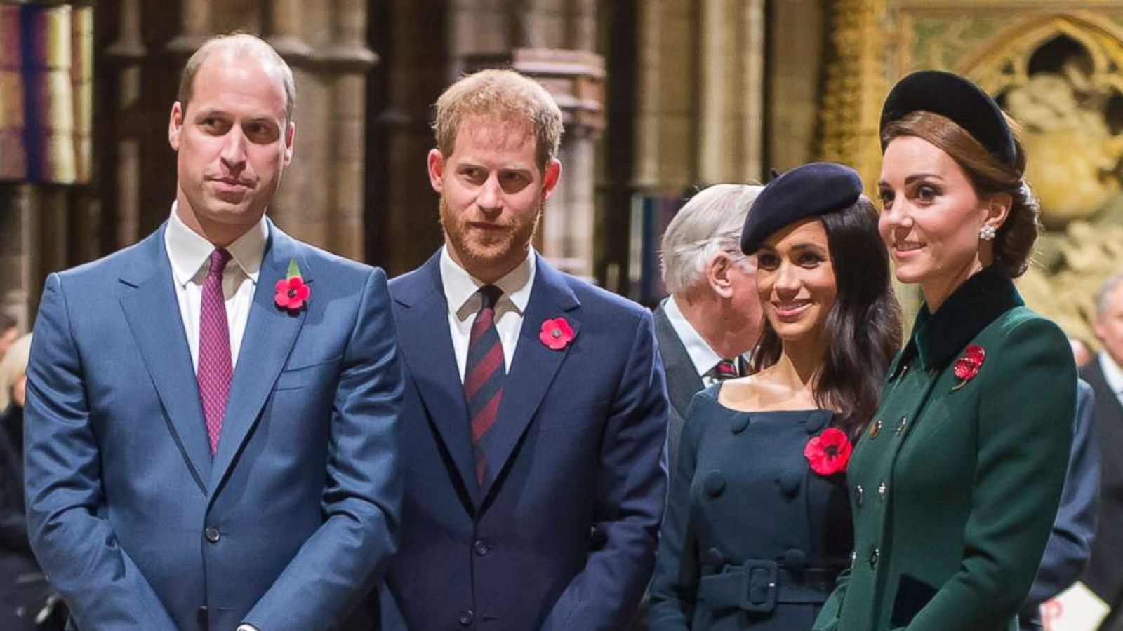 PHOTO: From left, Britain's Prince William, Prince Harry, Meghan, Duchess of Sussex and Catherine, Duchess of Cambridge arrive at Westminster Abbey to attend a service to mark the centenary of the Armistice in central London on Nov. 11, 2018.