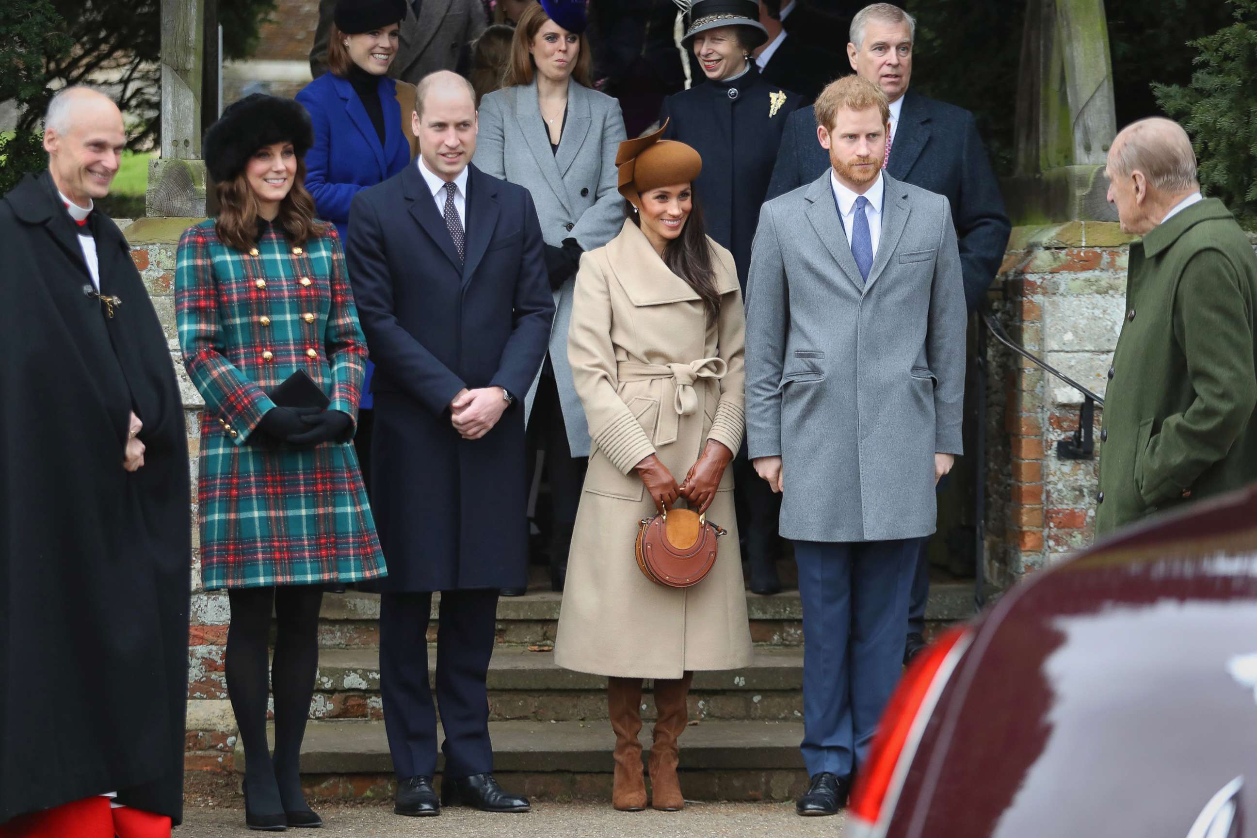 PHOTO: From left, Catherine, Duchess of Cambridge, Prince William, Meghan Markle, Prince Harry, and Prince Philip attend Christmas Day Church service at Church of St Mary Magdalene on Dec. 25, 2017 in King's Lynn, England.