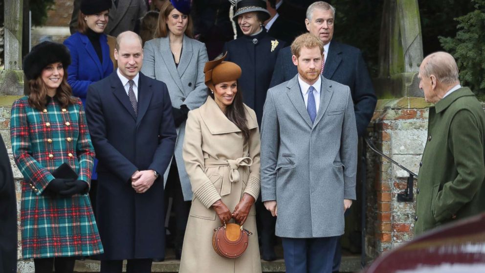 PHOTO: From left, Catherine, Duchess of Cambridge, Prince William, Meghan Markle, Prince Harry, and Prince Philip attend Christmas Day Church service at Church of St Mary Magdalene on Dec. 25, 2017 in King's Lynn, England.