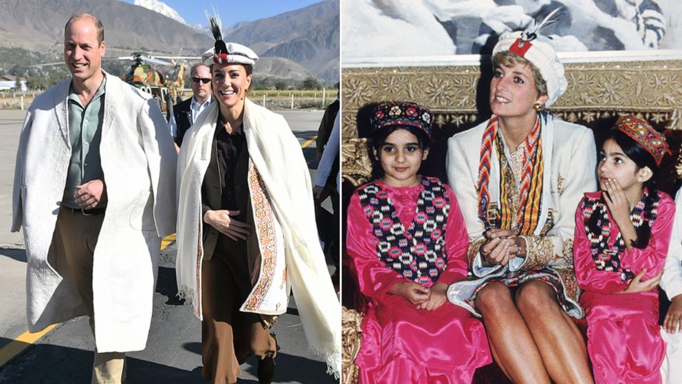 PHOTO: Prince William, Duke of Cambridge and Catherine, Duchess of Cambridge are welcomed in Chitral, Pakistan, Oct. 16, 2019. Princess Diana visits the Chitral Scouts during a trip to Pakistan in Sept. 1991.