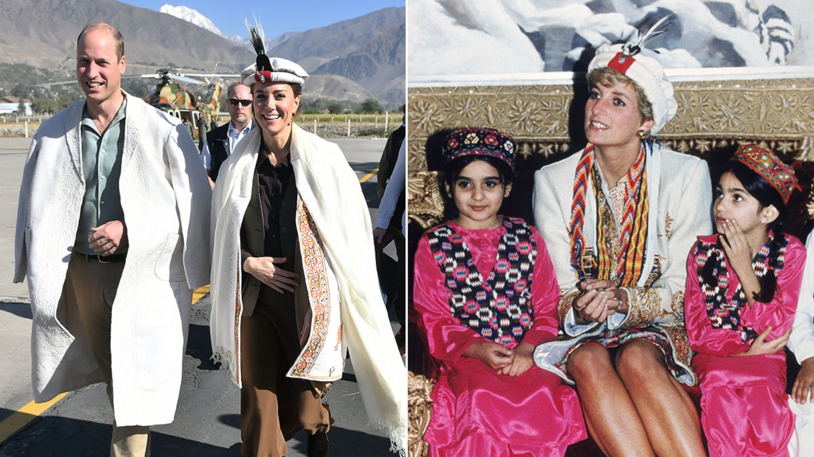 PHOTO: Prince William, Duke of Cambridge and Catherine, Duchess of Cambridge are welcomed in Chitral, Pakistan, Oct. 16, 2019. Princess Diana visits the Chitral Scouts during a trip to Pakistan in Sept. 1991.