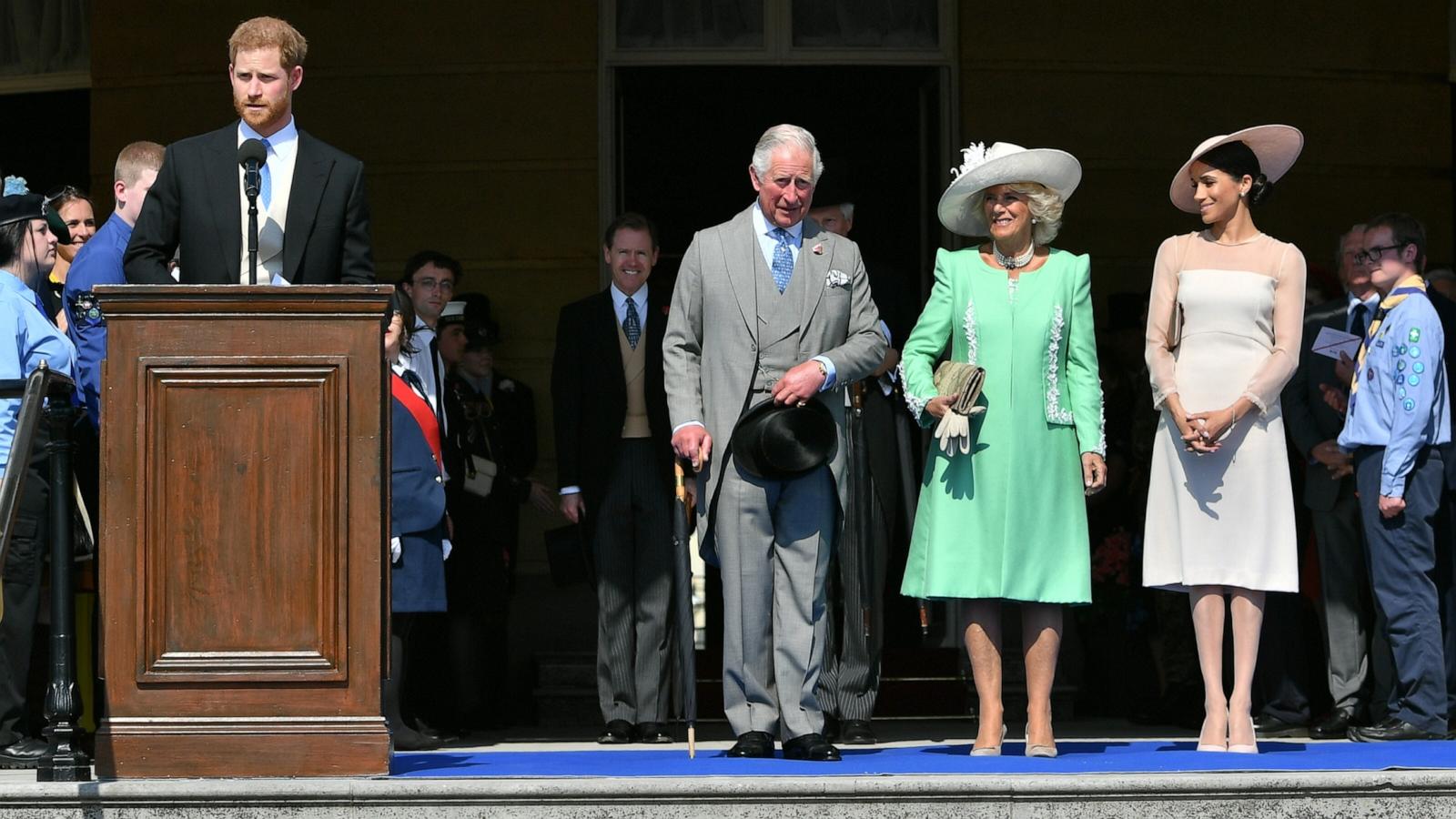 PHOTO: Prince Harry, Duke of Sussex speaks as Prince Charles, Prince of Wales, Camilla, Duchess of Cornwall and Meghan, Duchess of Sussex listen during The Prince of Wales' 70th Birthday Patronage Celebration, May 22, 2018, in London.