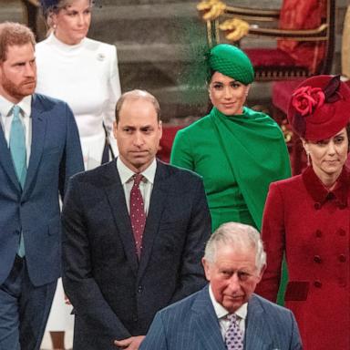 PHOTO: Britain's Prince Harry, Duke of Sussex and Britain's Meghan, Duchess of Sussex follow Britain's Prince William, Duke of Cambridge and Britain's Catherine, Duchess of Cambridge as they depart Westminster Abbey March 9, 2020 in London. 