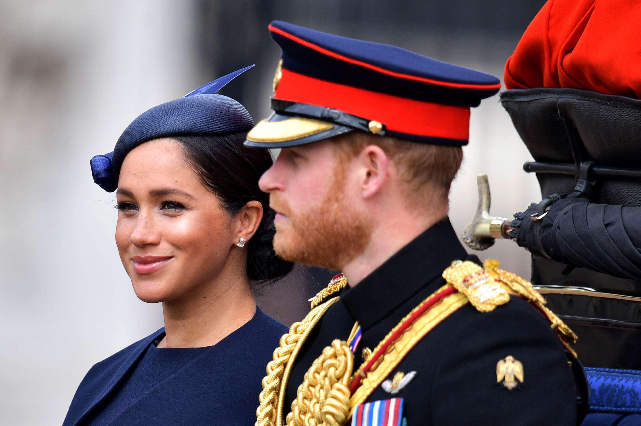 PHOTO: Meghan, Duchess of Sussex and Prince Harry, Duke of Sussex make their way in a horse drawn carriage to Horseguards parade ahead of the Queen's Birthday Parade, Trooping the Colour, in London, June 8, 2019.
