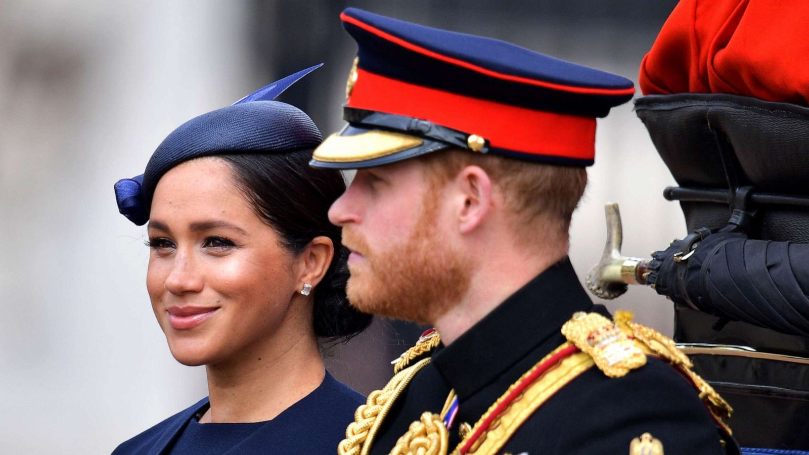 PHOTO: Meghan, Duchess of Sussex and Prince Harry, Duke of Sussex make their way in a horse drawn carriage to Horseguards parade ahead of the Queen's Birthday Parade, Trooping the Colour, in London, June 8, 2019.