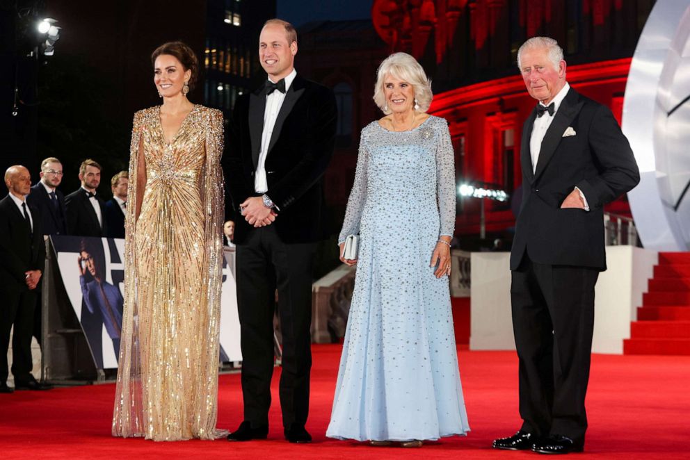 PHOTO: Left to right, Catherine, Duchess of Cambridge, Prince William, Duke of Cambridge, Camilla, Duchess of Cornwall, and Prince Charles, Prince of Wales, attend the "No Time To Die" World Premiere at Royal Albert Hall on Sept. 28, 2021, in London.