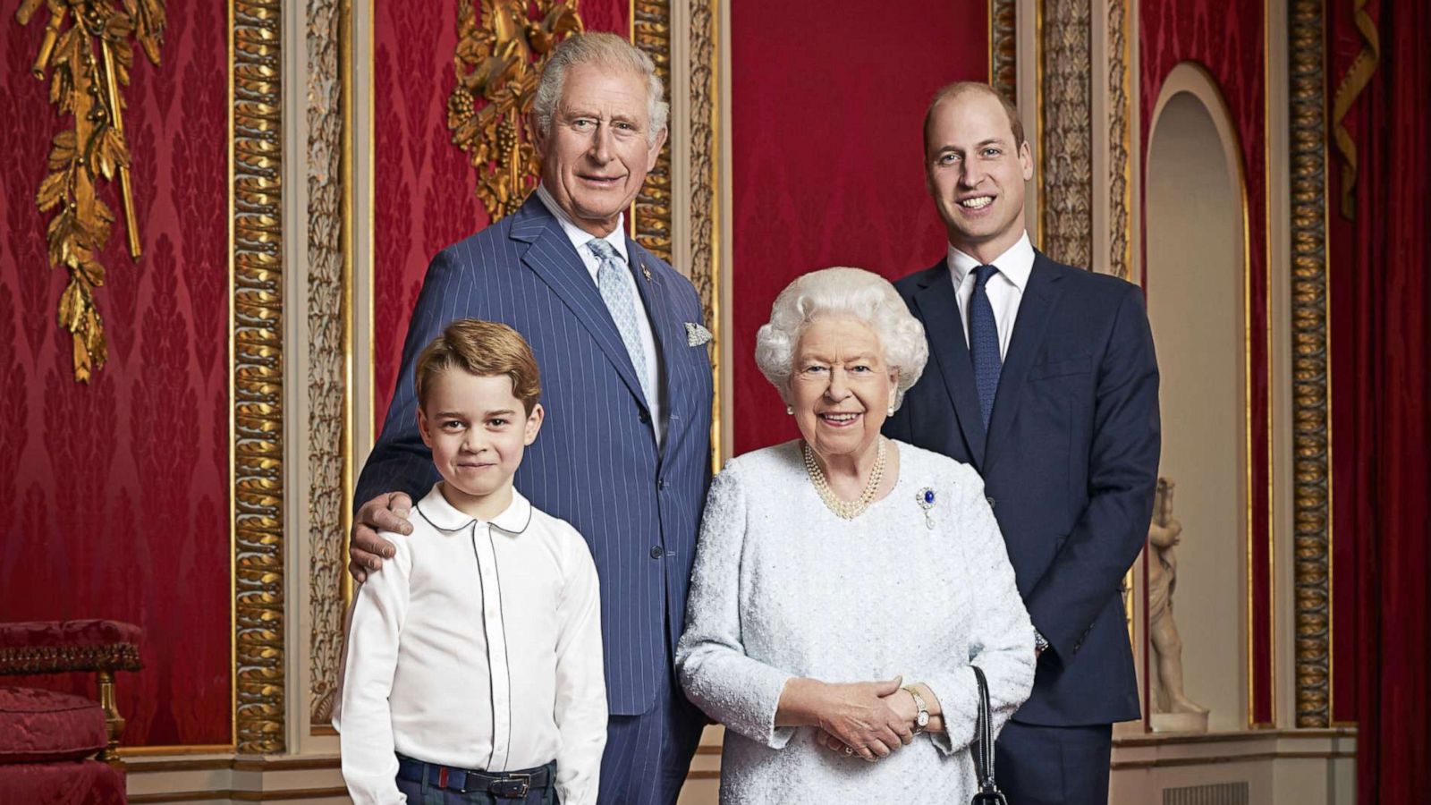 PHOTO: Britain's Queen Elizabeth II, Prince Charles, Prince William and Prince George pose for a portrait to mark the start of a new decade, in the Throne Room at Buckingham Palace in London, Dec. 18, 2019.