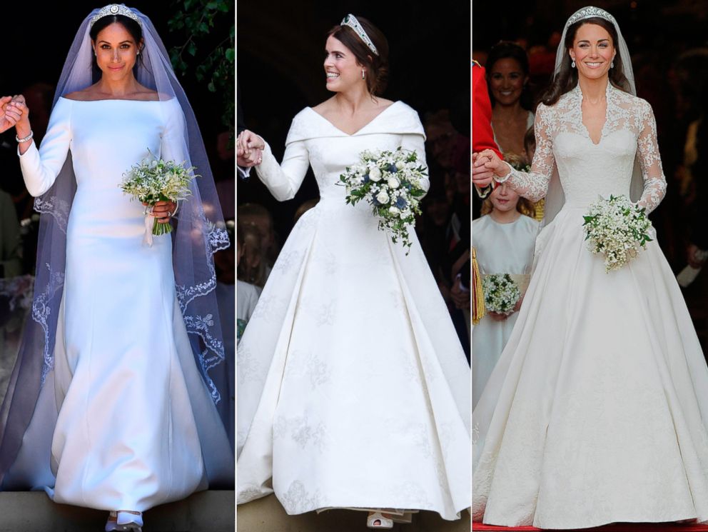 PHOTO: Pictured (L-R) are Meghan Markle, Duchess of Sussex on May 19, 2018, Catherine, Duchess of Cambridge on April 29, 2011 and Princess Eugenie on Oct. 12, 2018.