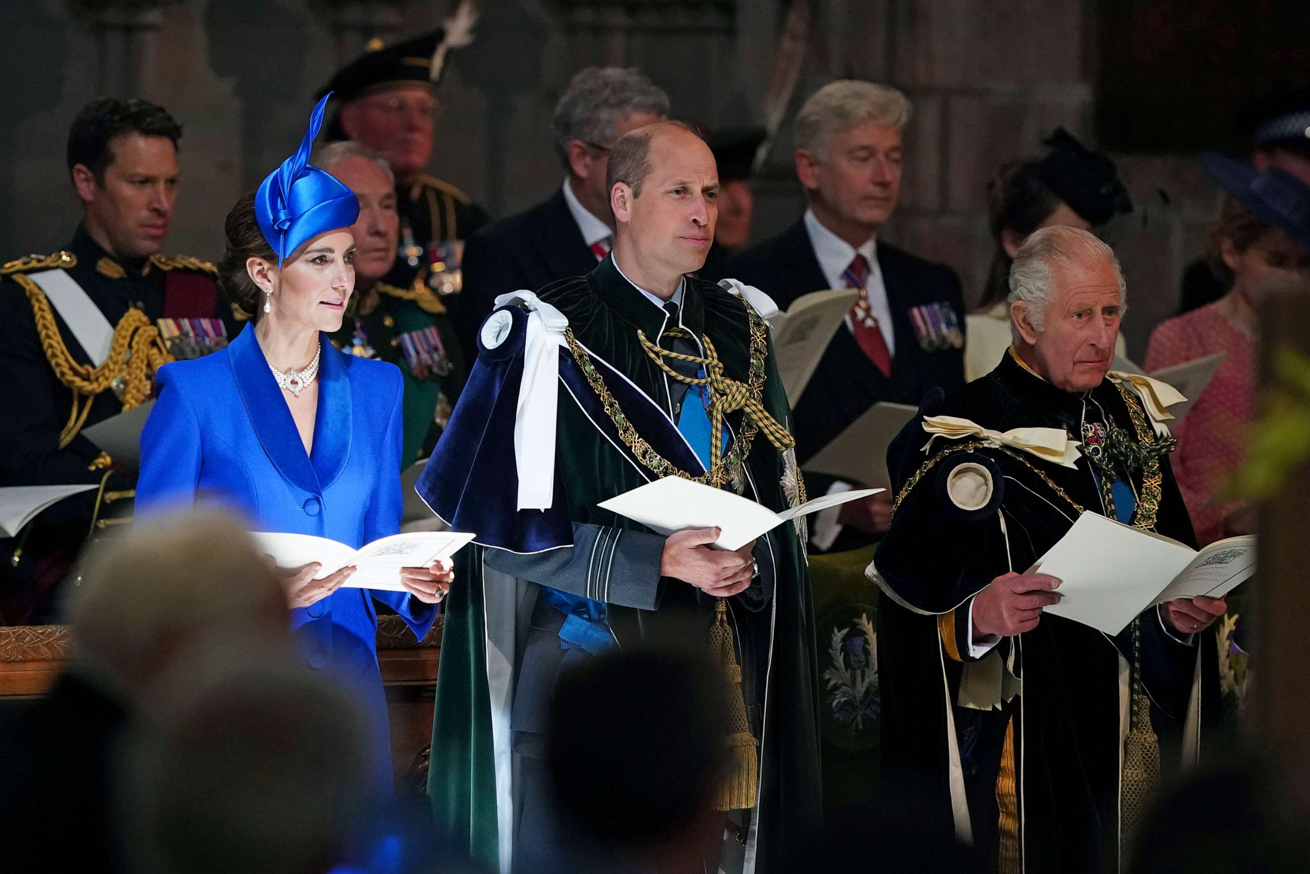 PHOTO: Kate, Princess of Wales, and Prince William and King Charles III during the National Service of Thanksgiving and Dedication for King Charles III and Queen Camilla at St Giles' Cathedral, in Edinburgh, Scotland, July 5, 2023.