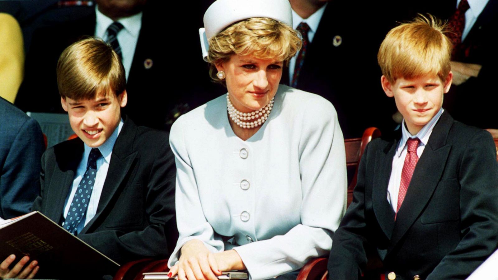 PHOTO: Princess Diana, Princess of Wales with her sons Prince William and Prince Harry attend the Heads of State VE Remembrance Service in Hyde Park on May 7, 1995 in London.