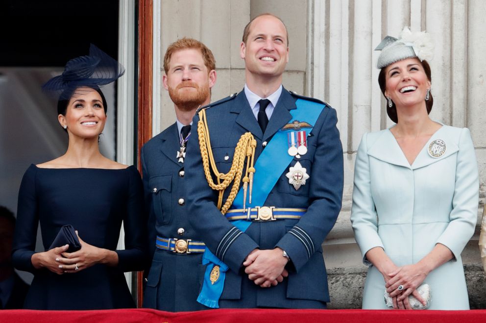 PHOTO: Meghan, Duchess of Sussex, Prince Harry, Duke of Sussex, Prince William, Duke of Cambridge and Catherine, Duchess of Cambridge watch a flypast to mark the centenary of the Royal Air Force.
