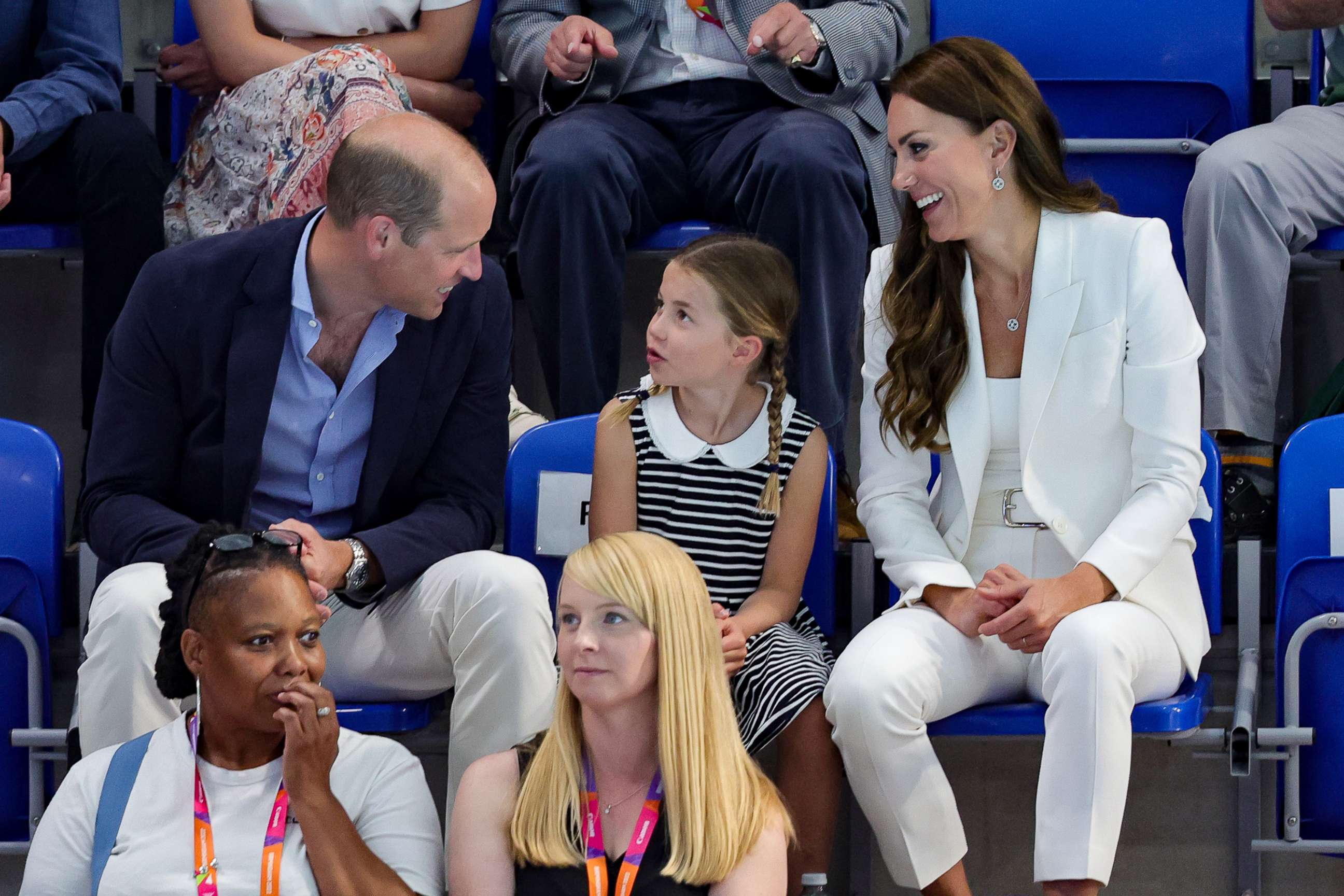 PHOTO: Prince William, Duke of Cambridge, Princess Charlotte of Cambridge and Catherine, Duchess of Cambridge attend the Sandwell Aquatics Centre during the 2022 Commonwealth Games, Aug. 2, 2022, in Birmingham, England.