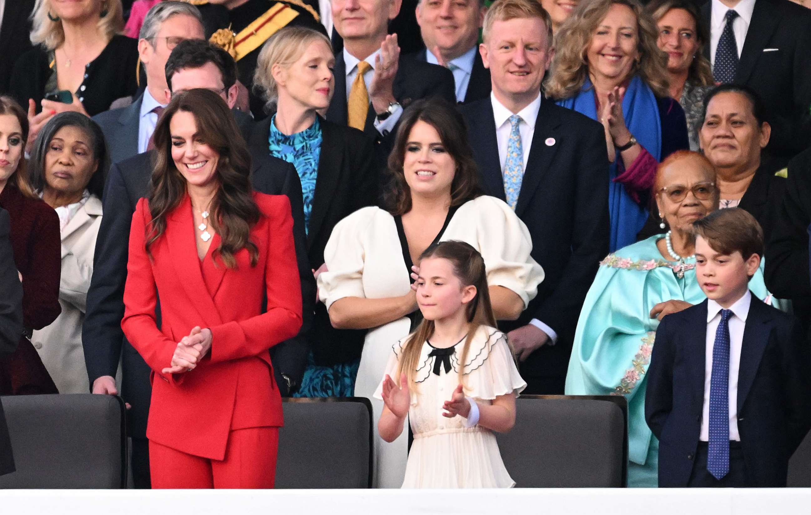 PHOTO: Catherine, Princess of Wales, Princess Eugenie, Princess Charlotte of Wales and Prince George of Wales during the Coronation Concert on May 7, 2023 in Windsor, England.