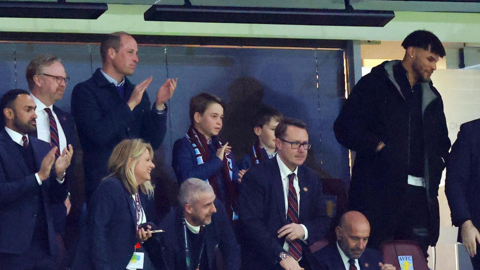 PHOTO: Prince William and Prince George watch Tyrone Mings of Aston Villa during the UEFA Europa Conference League 2023/24 Quarter-final first leg match between Aston Villa and Lille OSC at Villa Park on April 11, 2024 in Birmingham, England.