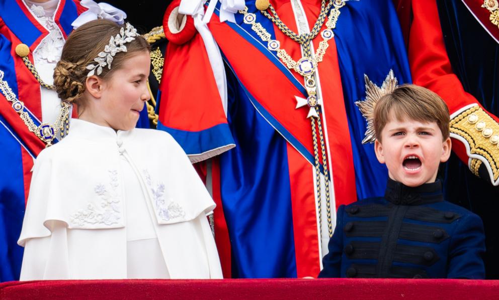 PHOTO: Princess Charlotte of Wales and Prince Louis of Wales on the balcony of Buckingham Palace following the Coronation of King Charles III and Queen Camilla on May 6, 2023 in London.