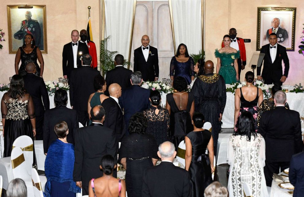 PHOTO: Juliet Holness, Prince William, the Governor General of Jamaica Patrick Allen and his wife Lady Allen, Catherine, the Duchess of Cambridge, and Jamaican Prime Minister Andrew Holness at a state dinner in Kingston, Jamaica, March 23, 2022.