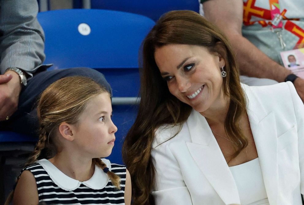 PHOTO: Princess Charlotte and Catherine, Duchess of Cambridge are pictured in the stands at Sandwell Aquatics Centre in Birmingham, Britain, Aug. 2, 2022.