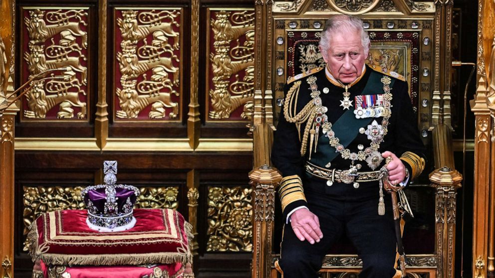 PHOTO: Prince Charles, Prince of Wales sits by the The Imperial State Crown in the House of Lords Chamber, during the State Opening of Parliament in the House of Lords at the Palace of Westminster, May 10, 2022, in London.