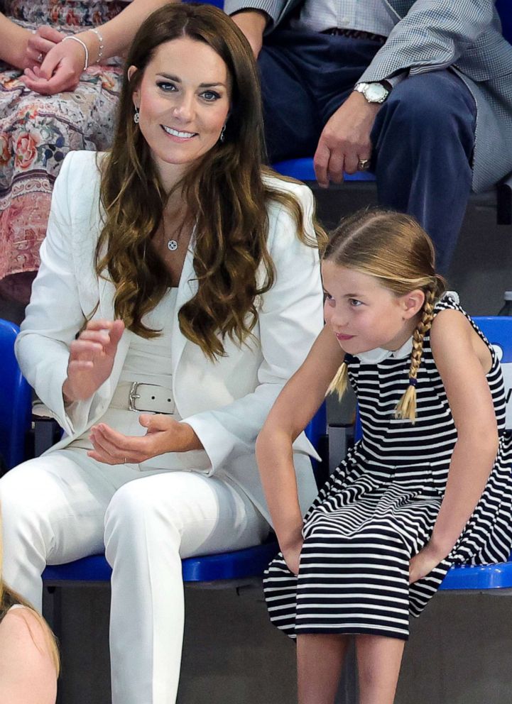 PHOTO: Catherine, Duchess of Cambridge and Princess Charlotte of Cambridge attend the Sandwell Aquatics Centre during the 2022 Commonwealth Games, Aug. 2, 2022, in Birmingham, England.