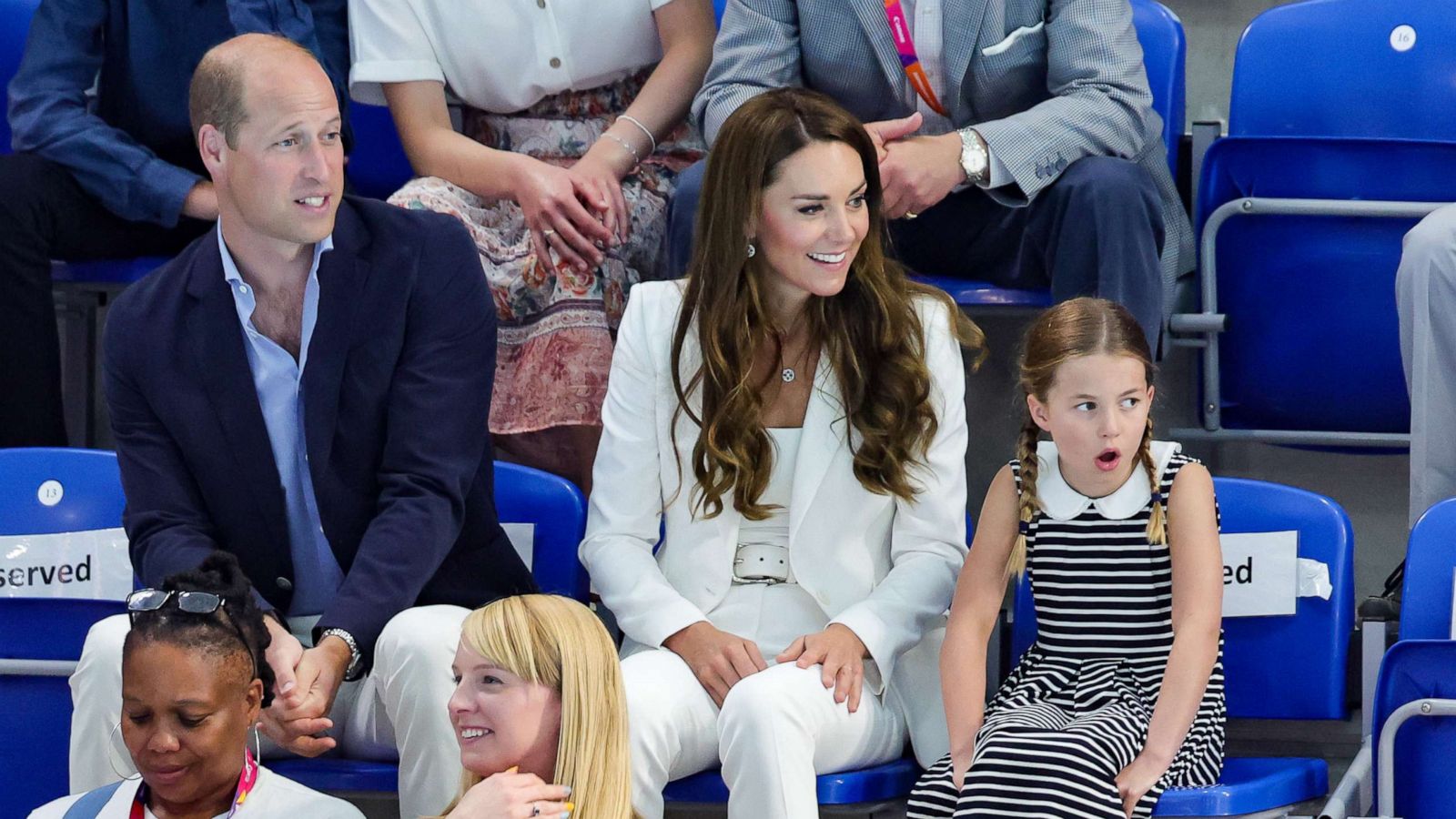 PHOTO: Prince William, Duke of Cambridge, Catherine, Duchess of Cambridge and Princess Charlotte of Cambridge attend the Sandwell Aquatics Centre during the 2022 Commonwealth Games, Aug. 2, 2022 in Birmingham, England.