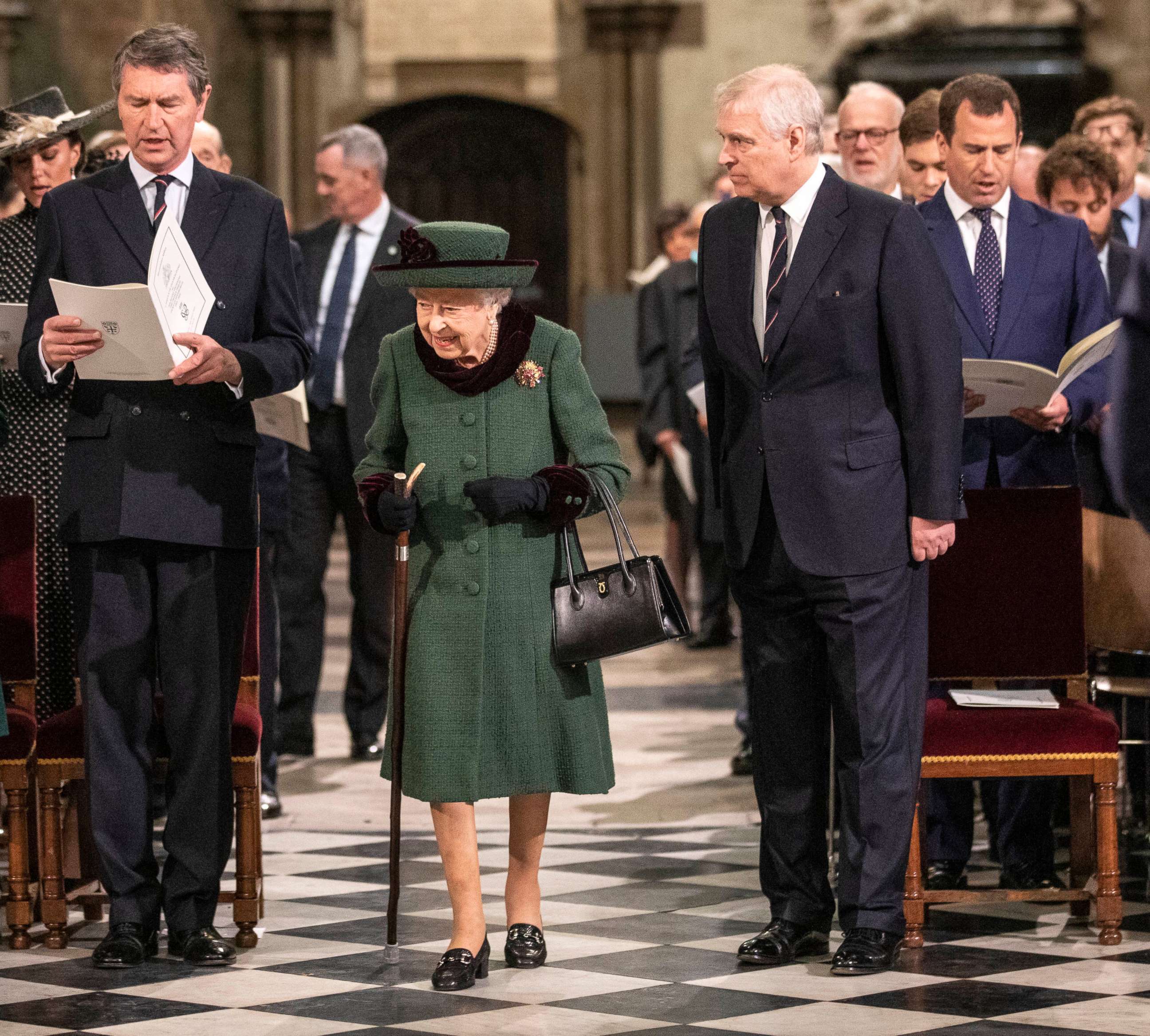 PHOTO: Queen Elizabeth II and Prince Andrew arrive for a Service of Thanksgiving for the life of Prince Philip, Duke of Edinburgh, at Westminster Abbey in London, March 29, 2022.