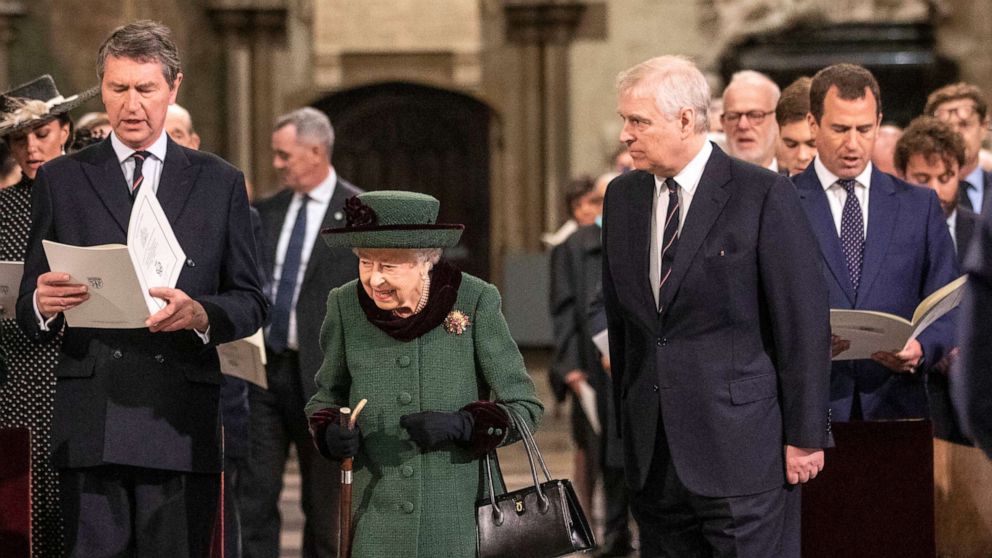 PHOTO: Queen Elizabeth II and Prince Andrew arrive for a Service of Thanksgiving for the life of Prince Philip, Duke of Edinburgh, at Westminster Abbey in London, March 29, 2022.