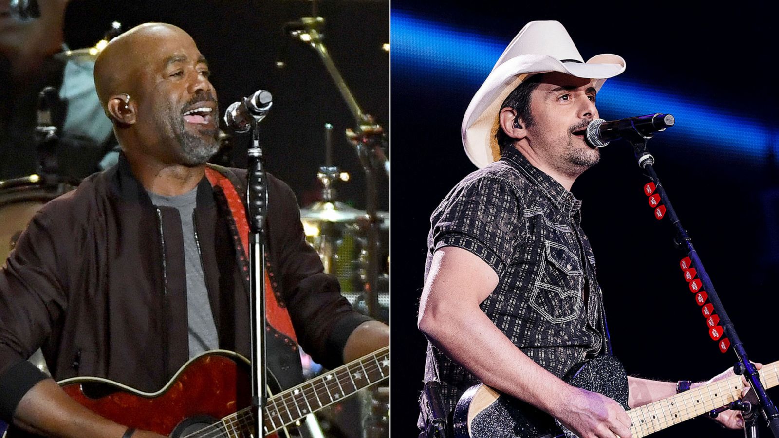PHOTO: In this Sept. 20, 2019, file photo, Darius Rucker performs onstage during the 2019 iHeartRadio Music Festival in Las Vegas. | In this March 7, 2020, file photo, Brad Paisley performs on stage at Abbotsford Centre in Abbotsford, Canada.